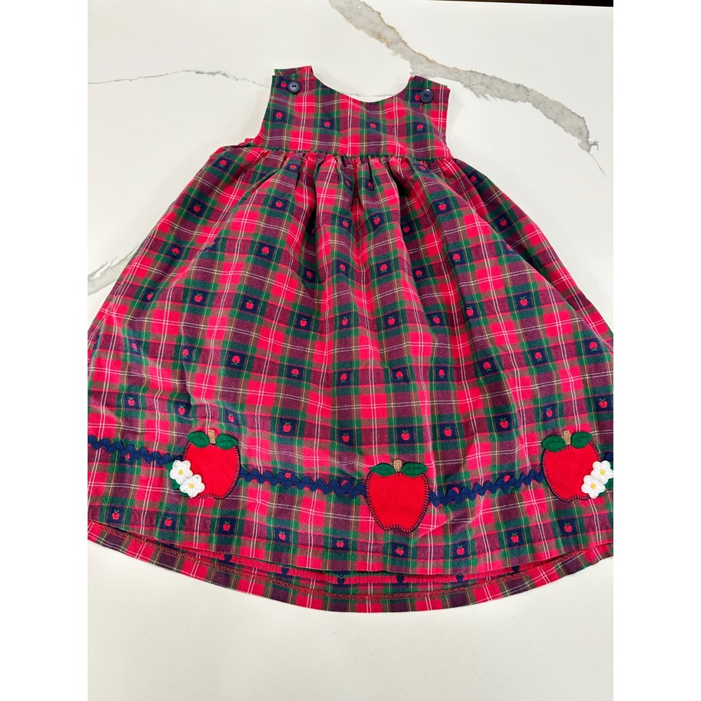 Vtg Girls 5 Plaid Apple Applique Jumper Dress Red Green School